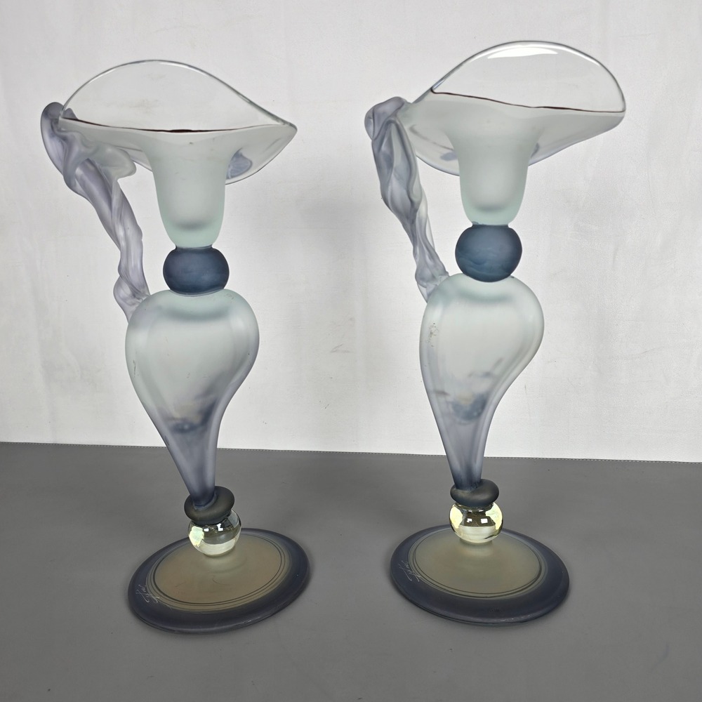 Ion Tamaian Signed Studio Art Glass Candle Holders Pair Frosted Blue Gold Gilt - Picture 8 of 16
